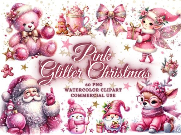 Glitter Pink Christmas Clipart Bundle: Festive Design Assets